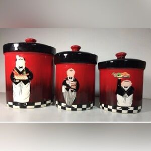 3 CERTIFIED INTERNATIONAL BISTRO FAT CHEF WAITER CERAMIC KITCHEN CANISTERS